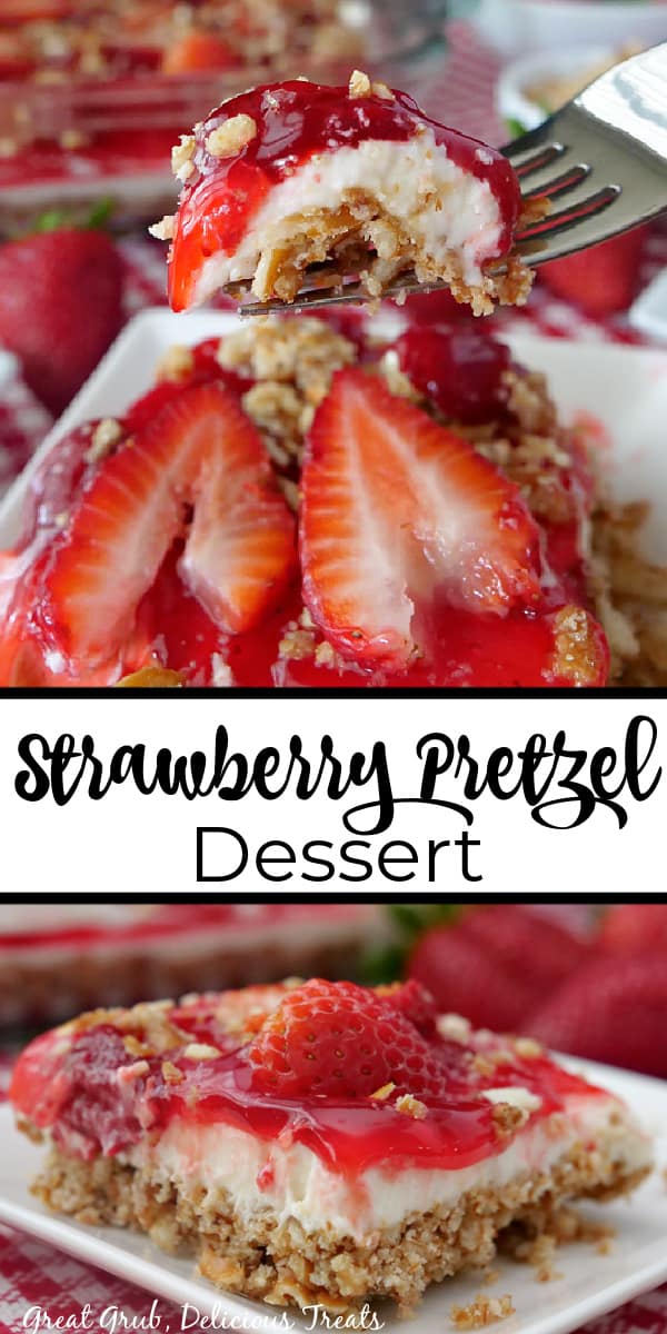 A double photo collage of strawberry pretzel dessert on a white square plate topped with fresh strawberries.