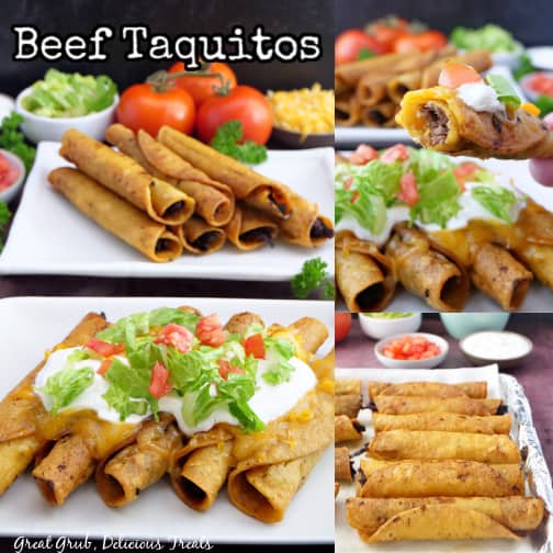 A triple photo collage of crispy beef taquitos on a white plate and lined on a baking sheet.
