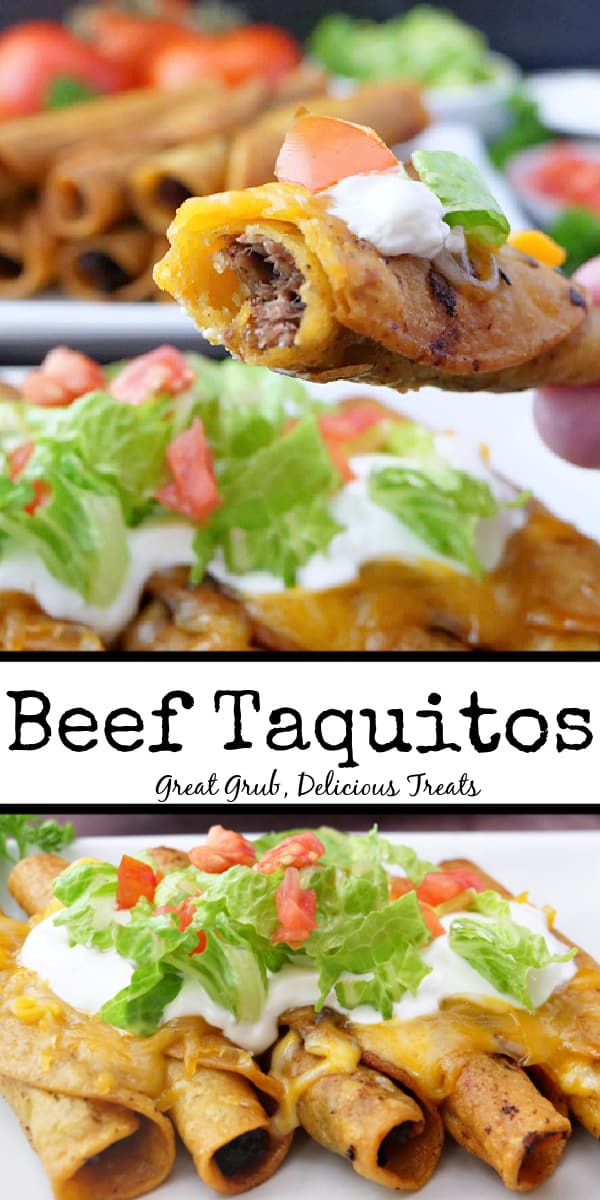A double photo collage of crispy beef taquitos topped with cheese, sour cream, lettuce, and diced tomatoes.