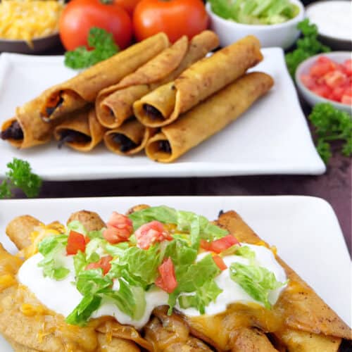 Two white, square plates stacked up with crispy beef taquitos that are topped with shredded cheddar cheese, sour cream, and lettuce.