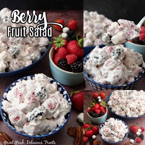 A three photo collage of berry fruit salad.