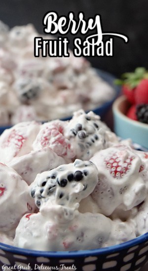 A close up of berry fruit salad in a blue and white bowl.