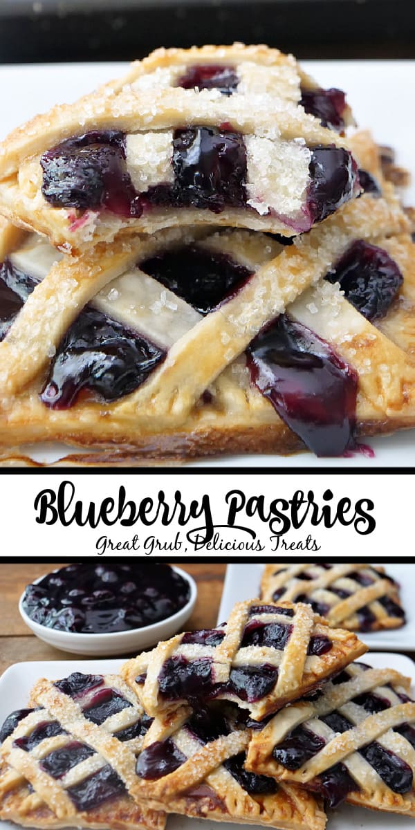 A double photo collage of blueberry pastries on a long white plate.