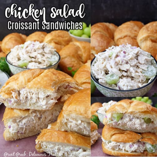 A three photo collage of chicken salad croissants on a gray mat, and a bowl of chicken salad sitting in front of three croissants.