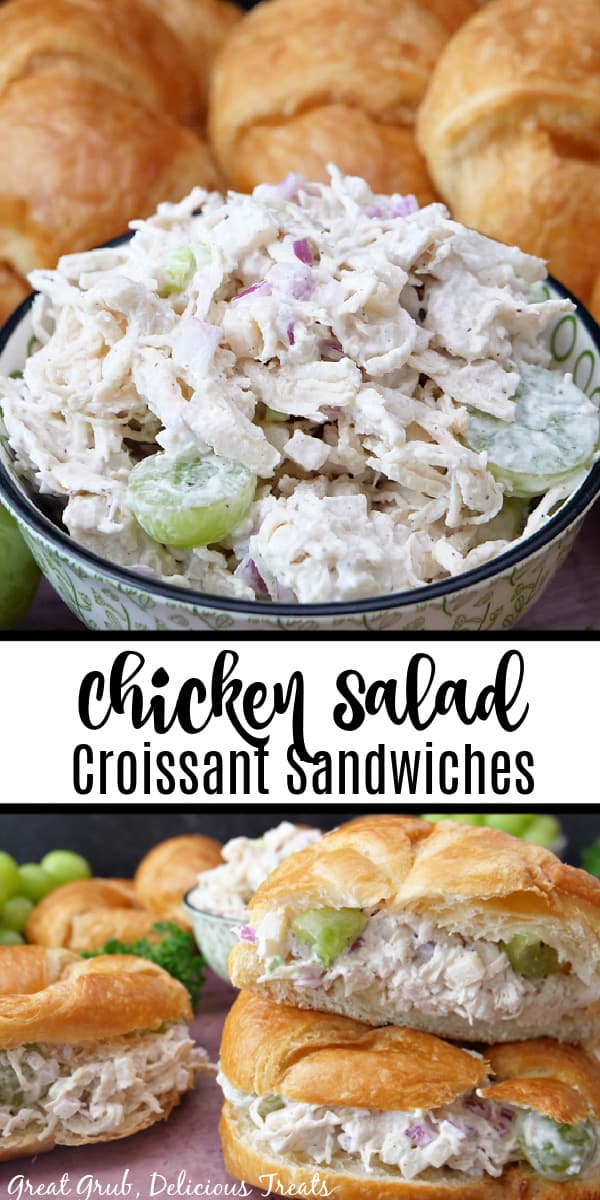 A double photo collage of chicken salad in a bowl and on a croissant.