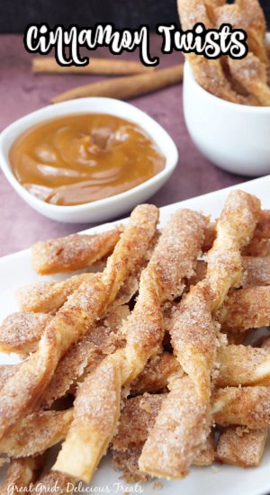 Cinnamon Twists stacked on a white plate with a small bowl of caramel dip in the background and the title at the top.