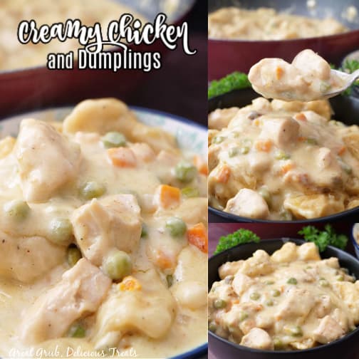 A three photo collage of chicken and dumplings in different colored bowls with a bite being held up over one of the bowls.