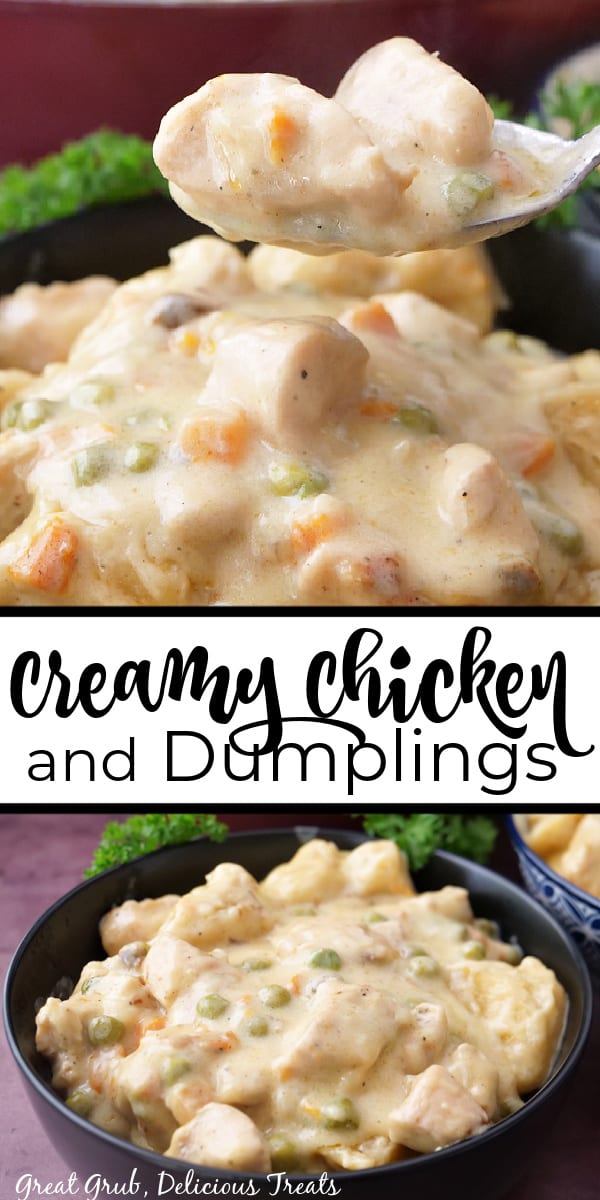 A double photo collage of creamy and delicious chicken and dumplings.