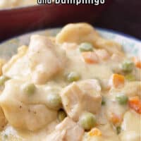A title on the picture over a bowl of chicken and dumplings.