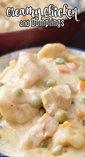 A title above an up close photo of chicken and dumplings in a small bowl.