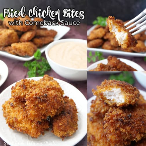 A three photo collage of crispy chicken bites.