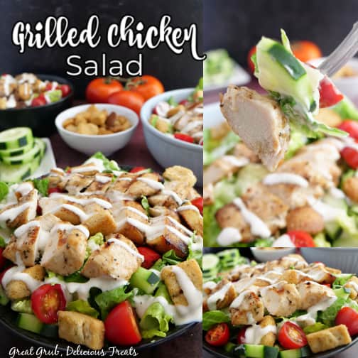 A three photo collage of grilled chicken salad.