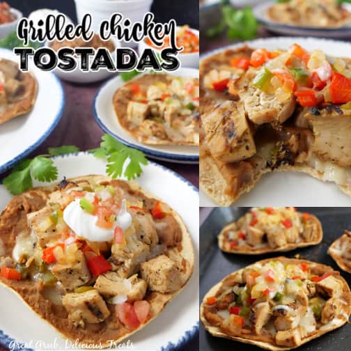 A three photo collage of grilled chicken tostadas on a white plate, topped with sour cream and salsa.