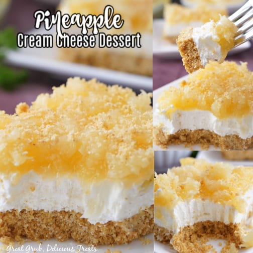 A three photo collage of pineapple cream cheese dessert.