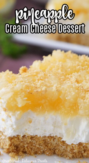 A close up of a piece of pineapple dessert with the title on the top of the photo.