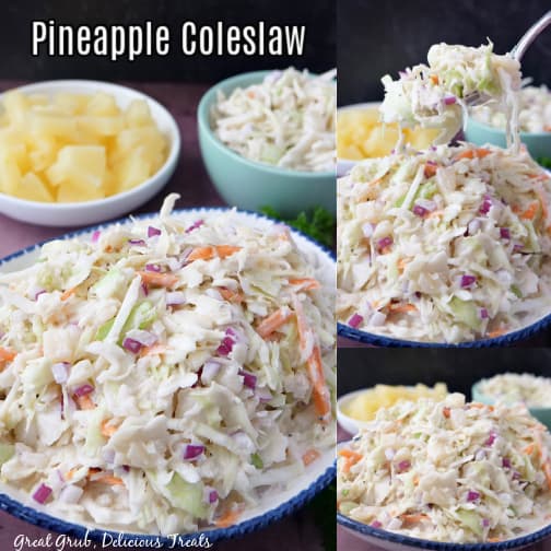 A three collage photo of pineapple coleslaw