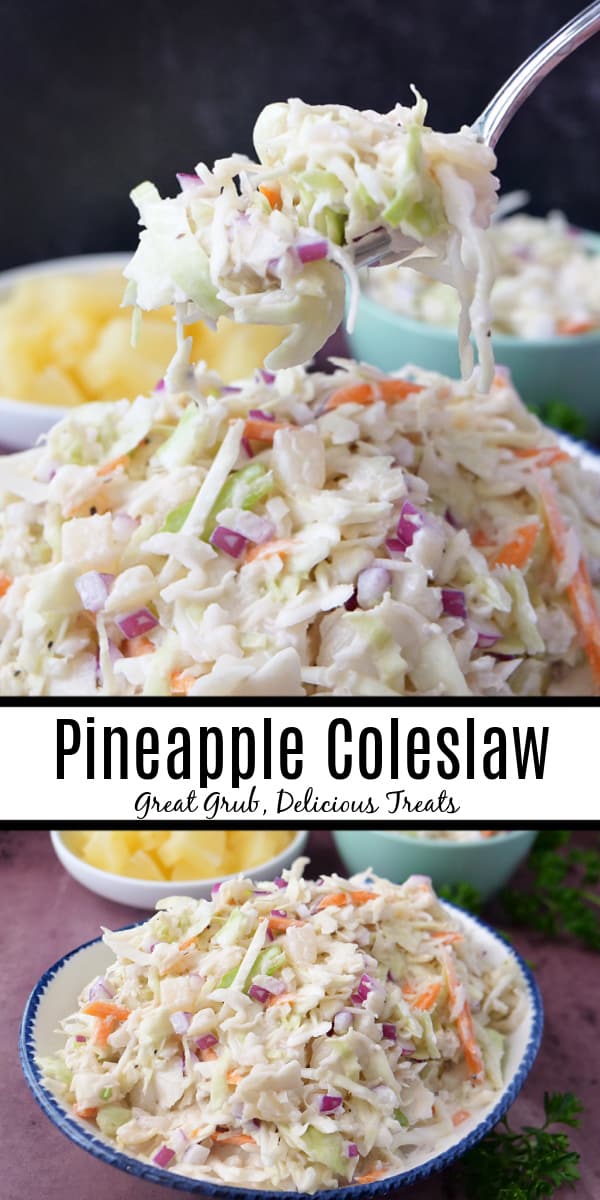 A double collage photo of pineapple coleslaw with the title of the recipe in the center of the photo.
