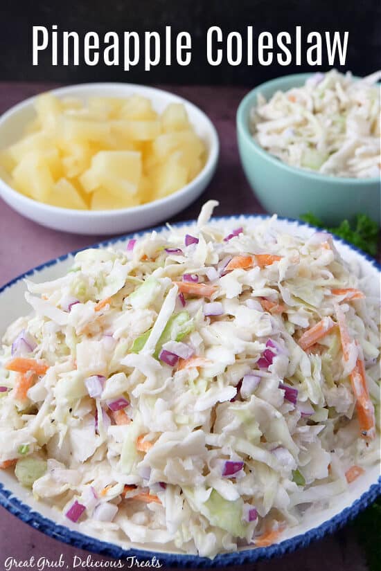 A white bowl with blue trim filled with pineapple coleslaw.
