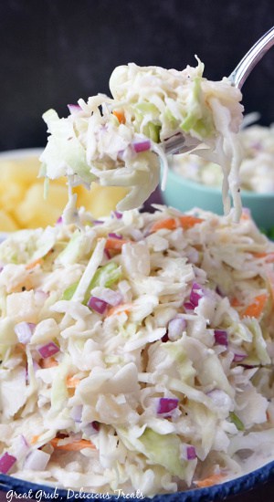 A close up of a spoonful of coleslaw and a bowl filled with a serving.