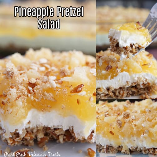 A three collage photo of pineapple pretzel dessert.