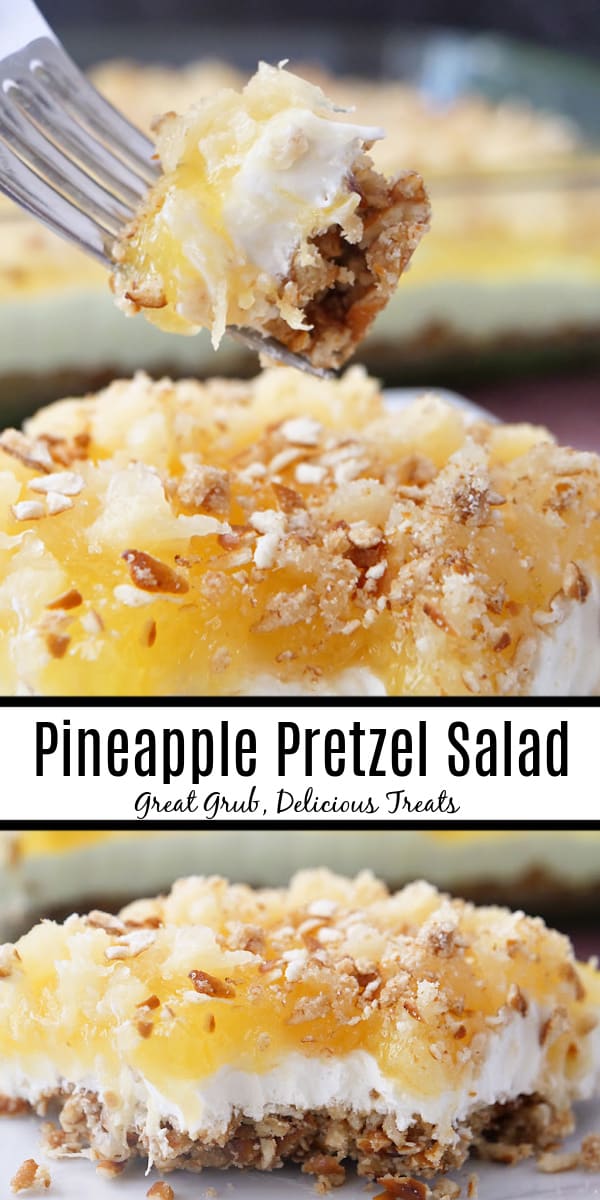 A double collage photo of a pretzel dessert recipe with cream cheese and pineapple.