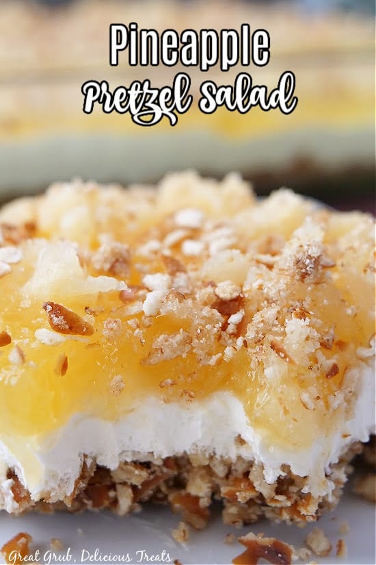 A close up photo of pretzel dessert with the title at the top of the picture.