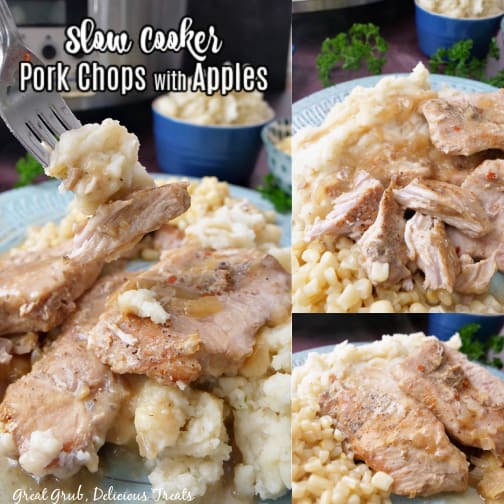 A three photo collage of tender pork chops with apples, served with potatoes and corn.