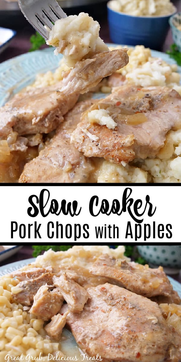 A double photo collage of pork chops sitting on top mashed potatoes, covered in gravy.