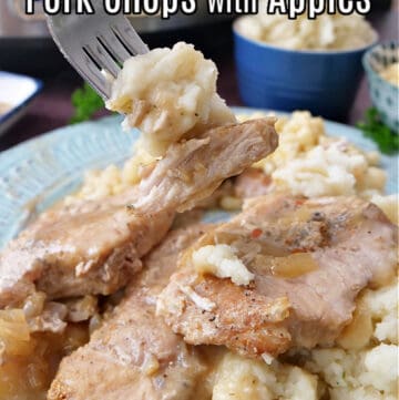A light blue plate with mashed potatoes and pork chops on top, with a title at the tope of the pic.