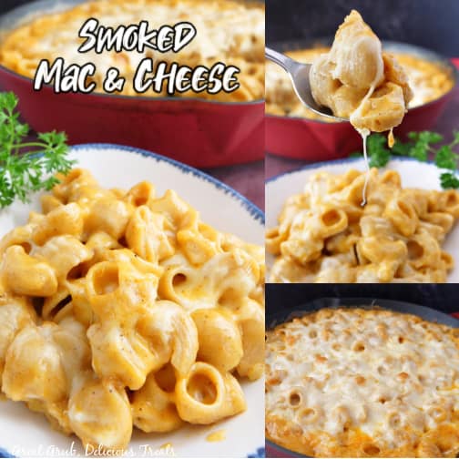 A three photo collage of smoked macaroni and cheese.