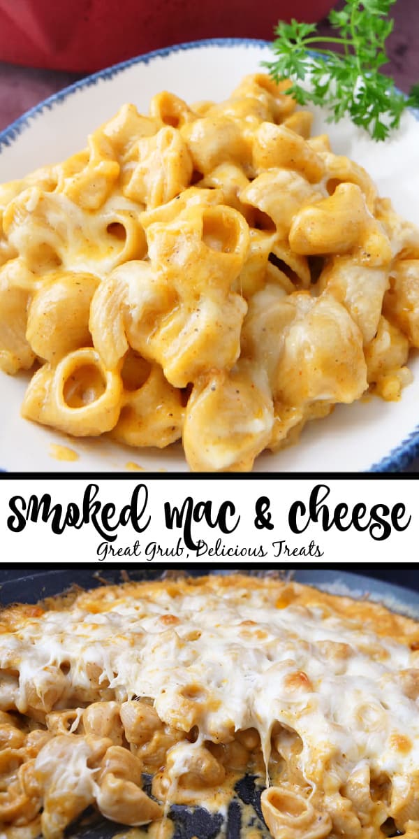 A double photo collage of mac and cheese in a cast iron and a servings in a white bowl.