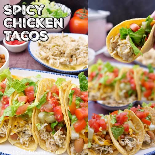 A three collage photo of spicy chicken tacos.