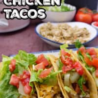 A long white plate with four tacos, with a small white bowl of chicken and other toppings in the background.