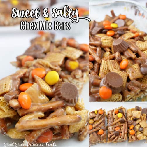 Three photo collage of sweet and salty Chex Mix bars.