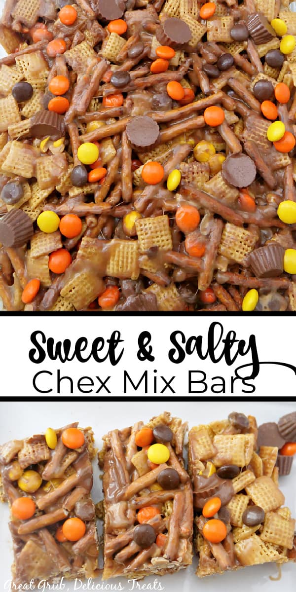 A double collage photo of sweet & salty chex mix bars.