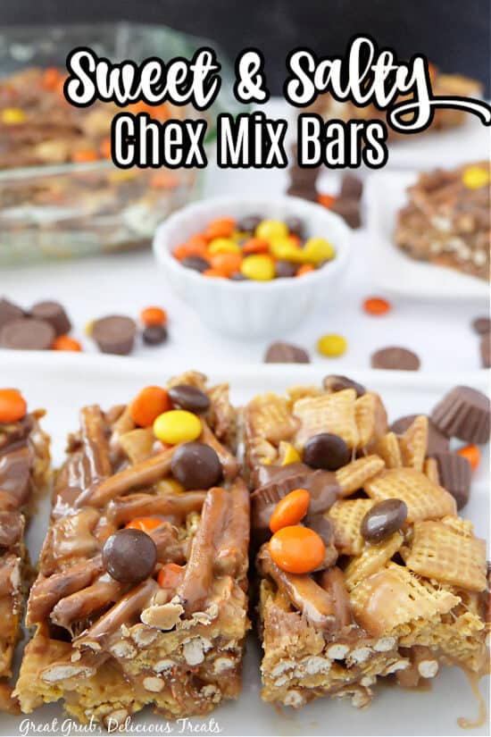A white plate with Chex mix bars on it.