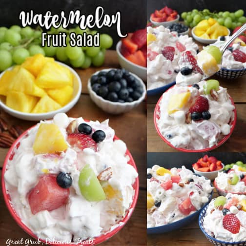 A three-picture collage of Watermelon Fruit Salad with the title at the top left.
