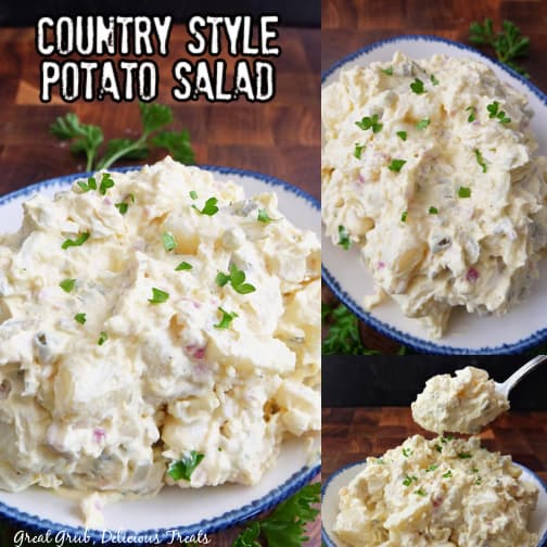 A three photo collage of country style potato salad.