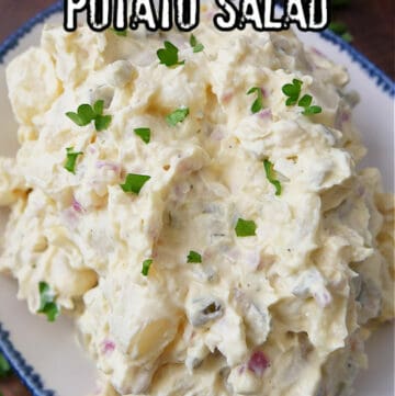 A title pic with an overhead shot of a bowl of potato salad topped with chopped parsley.
