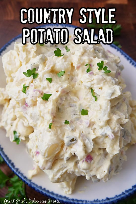 A title pic with an overhead shot of a bowl of potato salad topped with chopped parsley.
