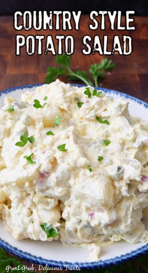 A white bowl with blue trim filled with a serving of potato salad.
