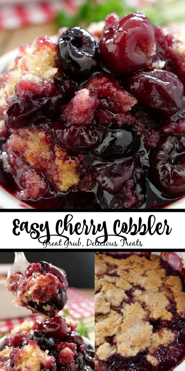 A double collage photo of cherry cobbler.