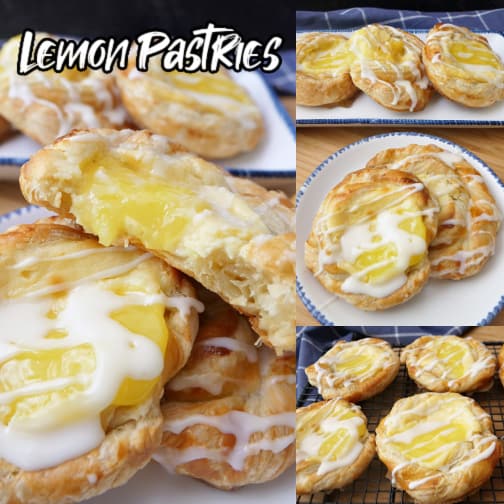A three photo collage of lemon pastries made with puff pastry sheets.