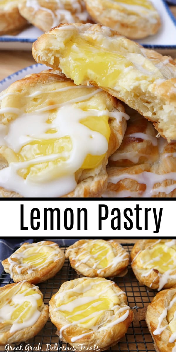 A double collage photo with lemon cream cheese puff pastries.