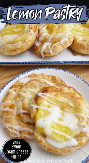 Lemon pastries on a white plate with blue trim.