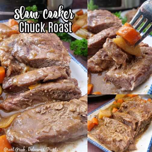 A three collate photo of a slow cooked chuck roast.