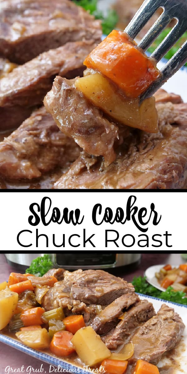A double collage photo of a slow cooked chuck roast with vegetables.