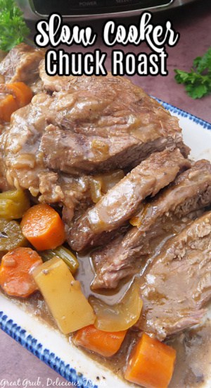A chuck roast with vegetables on a white plate with blue trim.