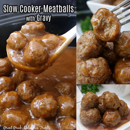 A three photo collage of meatballs and gravy.