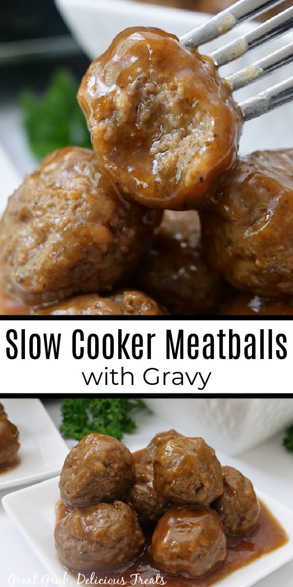 A double photo collage of gravy and meatballs on a white plate.